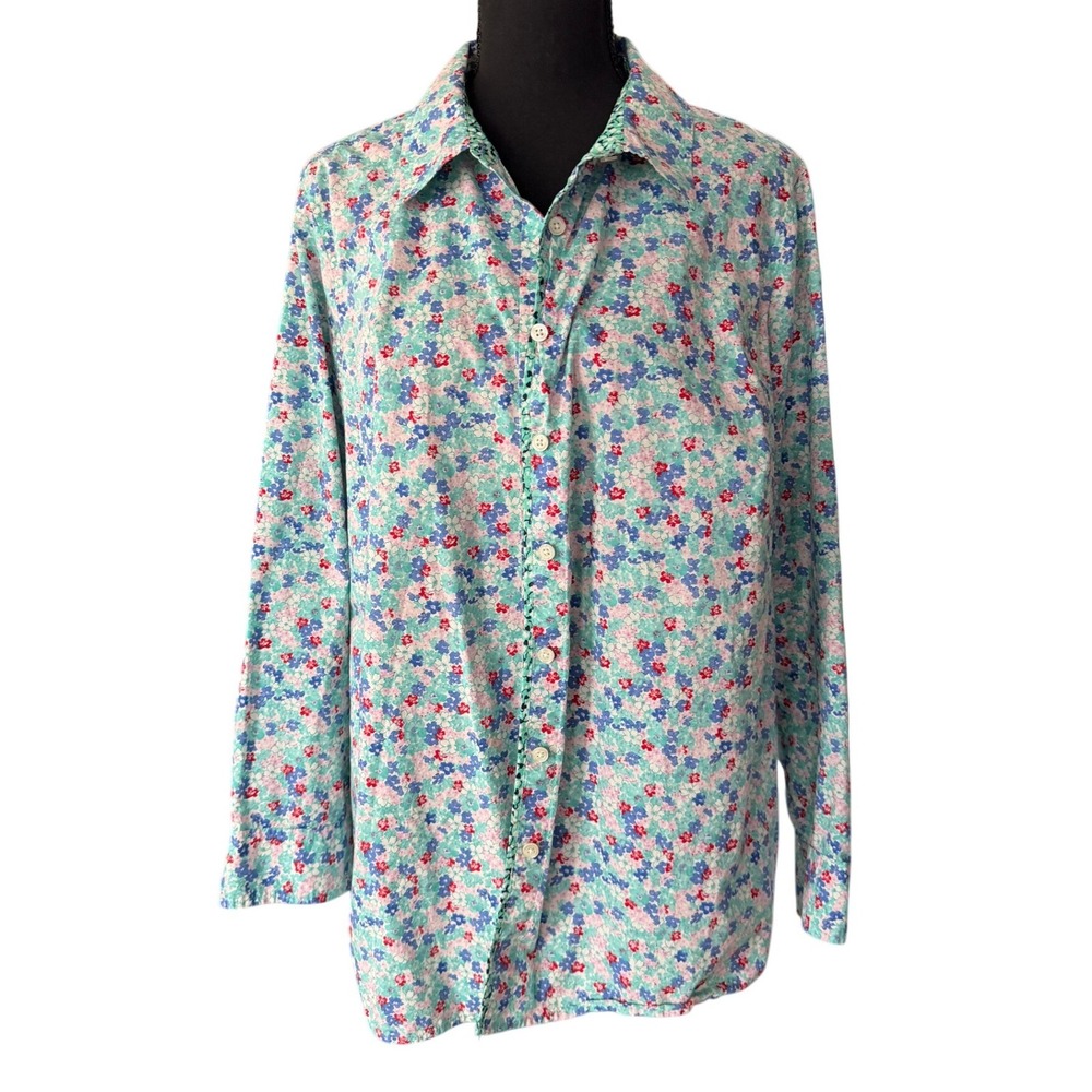 Talbots Floral Long Sleeve Button Up Shirt Womens 1X Blue Cottagecore Prairie